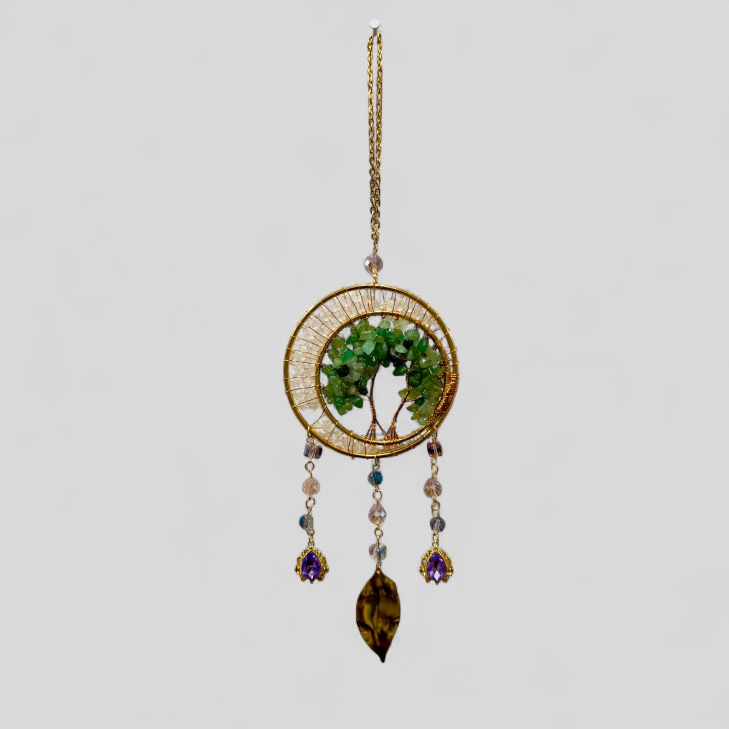 Gold Metal Dual Ring Dreamcatcher with 2 Trees of Life Aventurine Stones & Hanging Jewel Charms -- Rearview Mirror Hanging or Wall Hanging