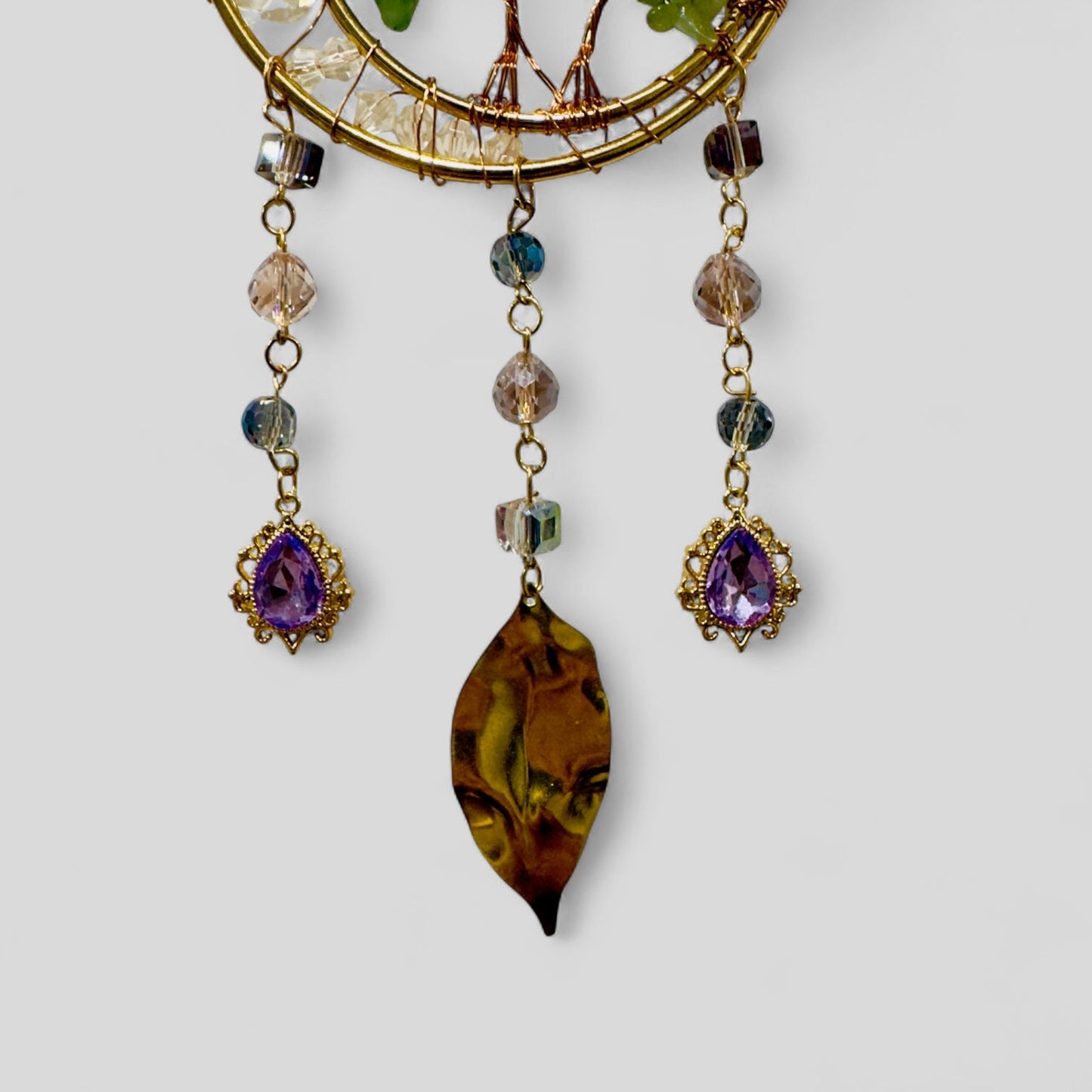 Gold Metal Dual Ring Dreamcatcher with 2 Trees of Life Aventurine Stones & Hanging Jewel Charms -- Rearview Mirror Hanging or Wall Hanging